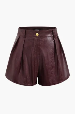 Metallic Button Faux Leather Shorts Set