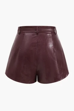 Metallic Button Faux Leather Shorts Set