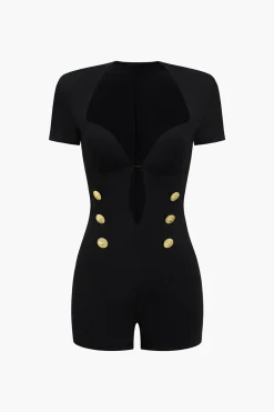 Metallic Button V-Neck Short Sleeve Romper