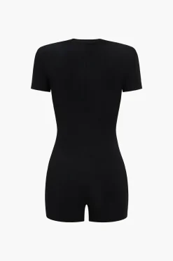 Metallic Button V-Neck Short Sleeve Romper