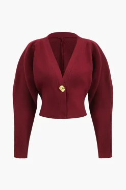 Metallic Button V-Neck Sweater Long-Sleeve Top