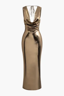 Metallic Cowl Neck Tie Backless Sleeveless Maxi Dress