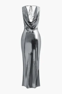 Metallic Cowl Neck Tie Backless Sleeveless Maxi Dress
