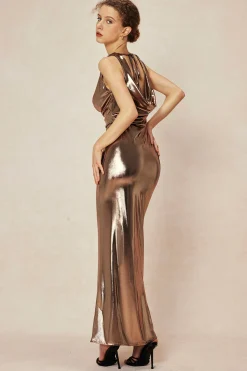 Metallic Cowl Neck Tie Backless Sleeveless Maxi Dress