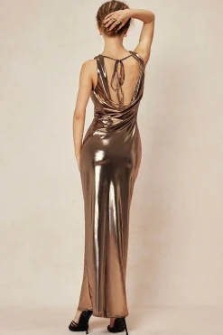 Metallic Cowl Neck Tie Backless Sleeveless Maxi Dress