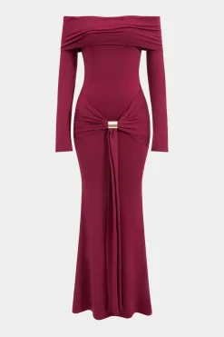 Metallic Detail Off Shoulder Long Sleeve Maxi Dress