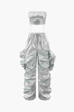 Metallic Drawstring Tube Top And Gathered Wide Leg Pants