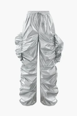 Metallic Drawstring Tube Top And Gathered Wide Leg Pants