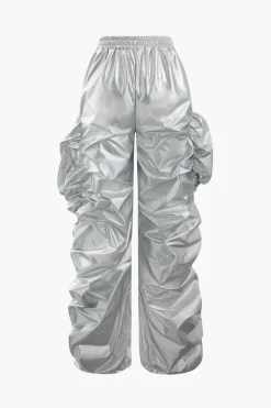 Metallic Drawstring Tube Top And Gathered Wide Leg Pants