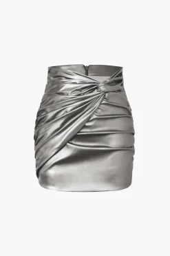 Metallic Faux Leather Knotted Mini Skirt