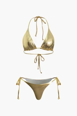 Metallic Halter Side Tie Bikini Set