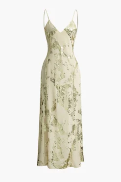 Metallic Print V-neck Backless Slip Maxi Dress