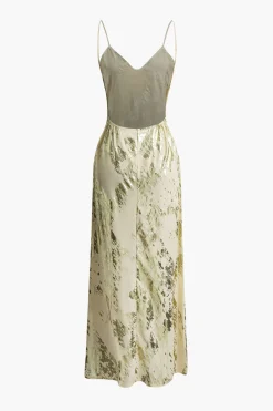 Metallic Print V-neck Backless Slip Maxi Dress