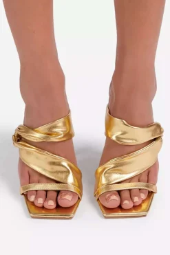 Metallic Ruched Square-toe High Heels Sandals