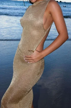Metallic Sleeveless Backless Slit Knit Maxi Dress