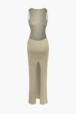 Metallic Sleeveless Backless Slit Knit Maxi Dress
