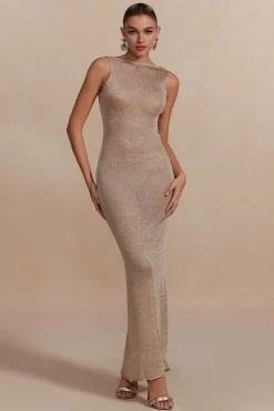 Metallic Sleeveless Backless Slit Knit Maxi Dress