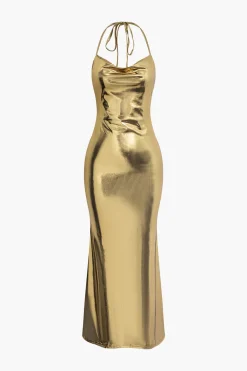 Metallic Tie Halter Cowl Neck Backless Maxi Dress