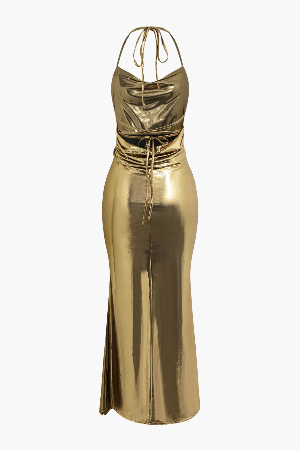 Metallic Tie Halter Cowl Neck Backless Maxi Dress