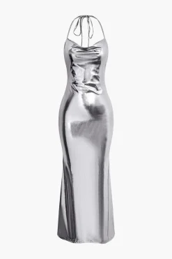 Metallic Tie Halter Cowl Neck Backless Maxi Dress