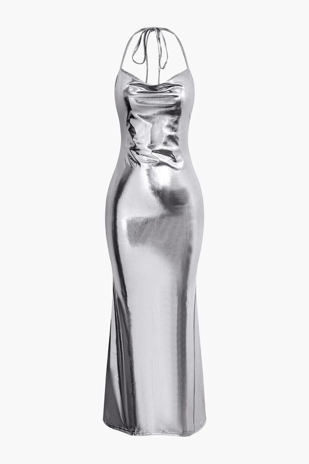 Metallic Tie Halter Cowl Neck Backless Maxi Dress