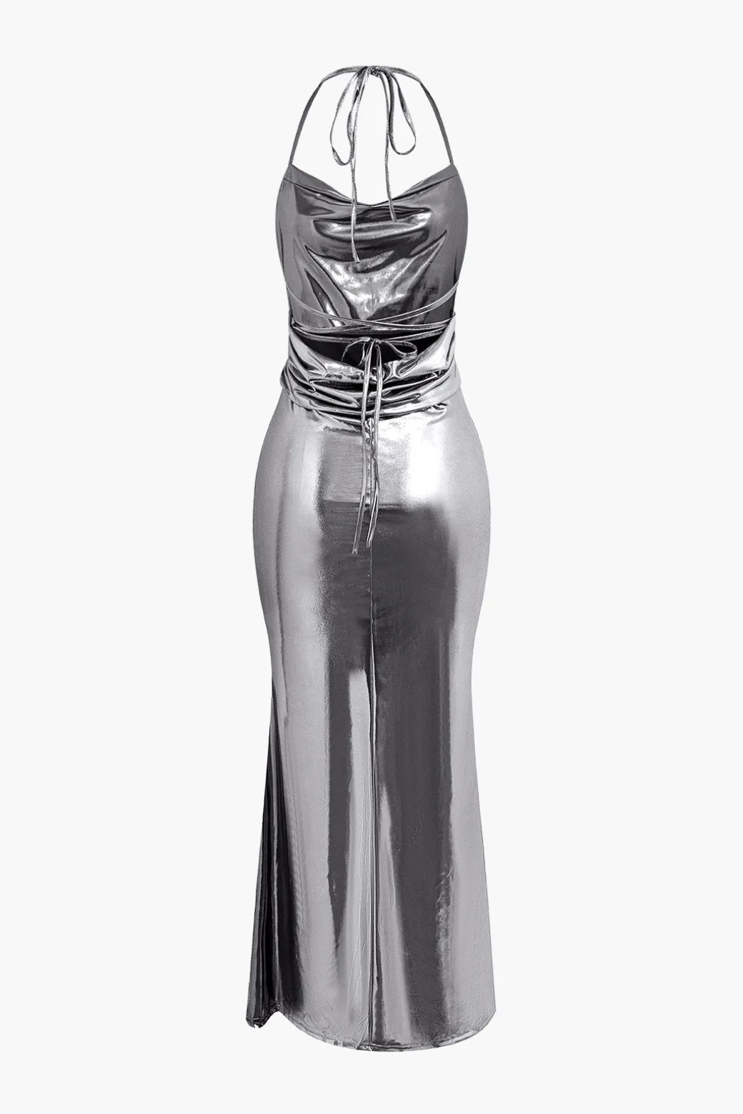 Metallic Tie Halter Cowl Neck Backless Maxi Dress
