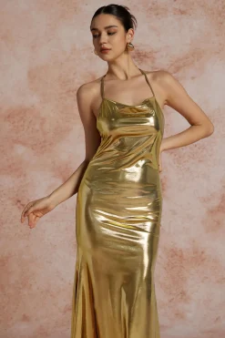 Metallic Tie Halter Cowl Neck Backless Maxi Dress