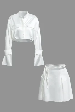 Mock Neck Button Up Bell Sleeve Crop Shirt And Mini Skirt Set
