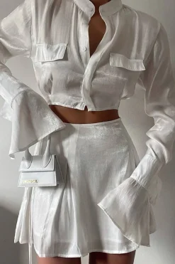 Mock Neck Button Up Bell Sleeve Crop Shirt And Mini Skirt Set