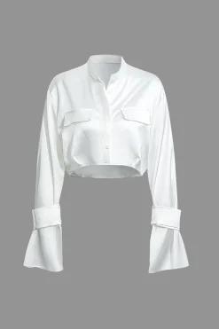 Mock Neck Button Up Bell Sleeve Crop Shirt And Mini Skirt Set