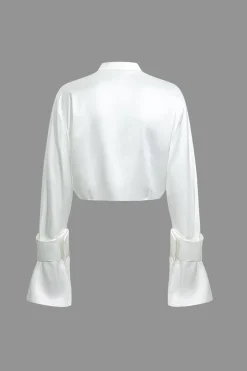 Mock Neck Button Up Bell Sleeve Crop Shirt And Mini Skirt Set