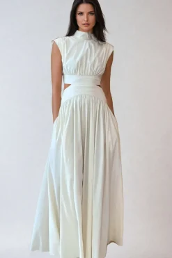 Mock Neck Cut Out Pleated Maxi Dress