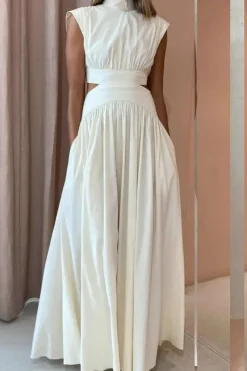 Mock Neck Cut Out Pleated Maxi Dress