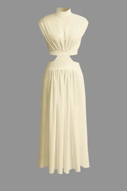 Mock Neck Cut Out Pleated Maxi Dress