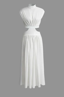 Mock Neck Cut Out Pleated Maxi Dress