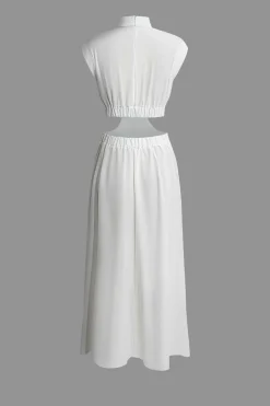 Mock Neck Cut Out Pleated Maxi Dress
