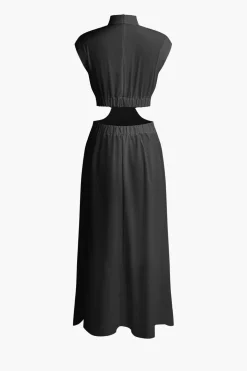 Mock Neck Cut Out Pleated Maxi Dress