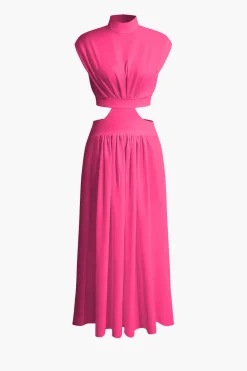 Mock Neck Cut Out Pleated Maxi Dress