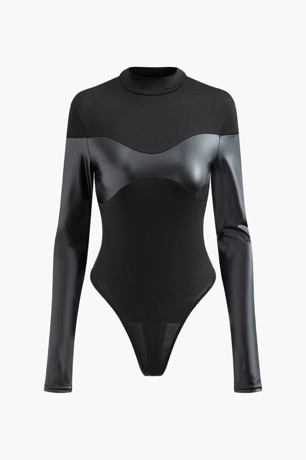 Mock Neck Faux Leather Paneled Long Sleeve Bodysuit