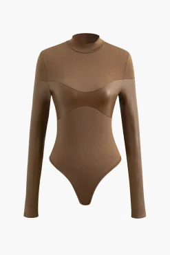 Mock Neck Faux Leather Paneled Long Sleeve Bodysuit