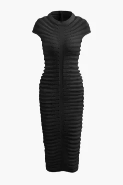 Mock Neck Knit Stripe Short Sleeve Maxi Dress