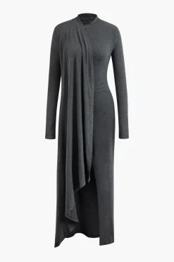 Mock Neck Wrap Ruched Long Sleeve Slit Maxi Dress