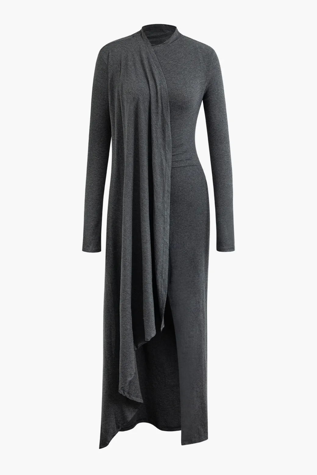 Mock Neck Wrap Ruched Long Sleeve Slit Maxi Dress