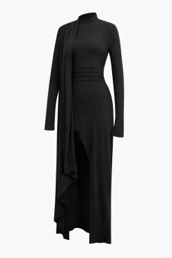 Mock Neck Wrap Ruched Long Sleeve Slit Maxi Dress