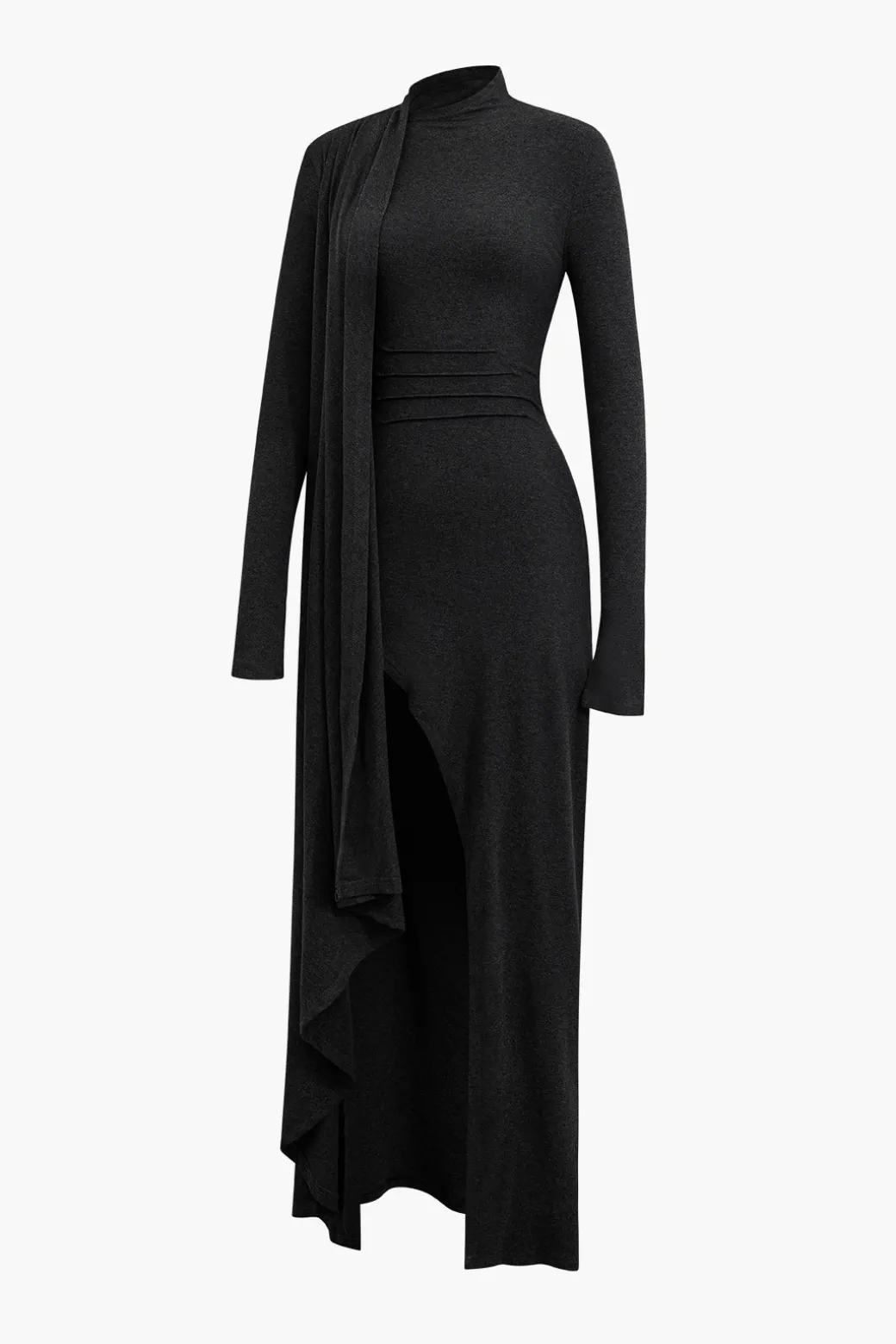 Mock Neck Wrap Ruched Long Sleeve Slit Maxi Dress