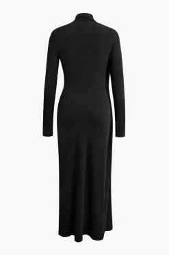 Mock Neck Wrap Ruched Long Sleeve Slit Maxi Dress