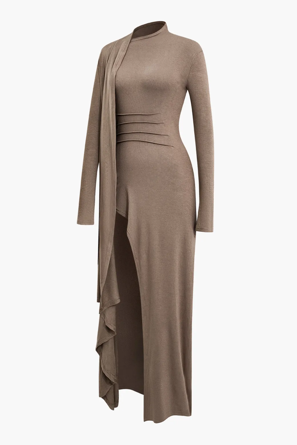 Mock Neck Wrap Ruched Long Sleeve Slit Maxi Dress