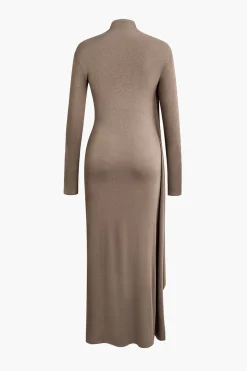 Mock Neck Wrap Ruched Long Sleeve Slit Maxi Dress
