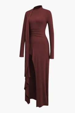 Mock Neck Wrap Ruched Long Sleeve Slit Maxi Dress