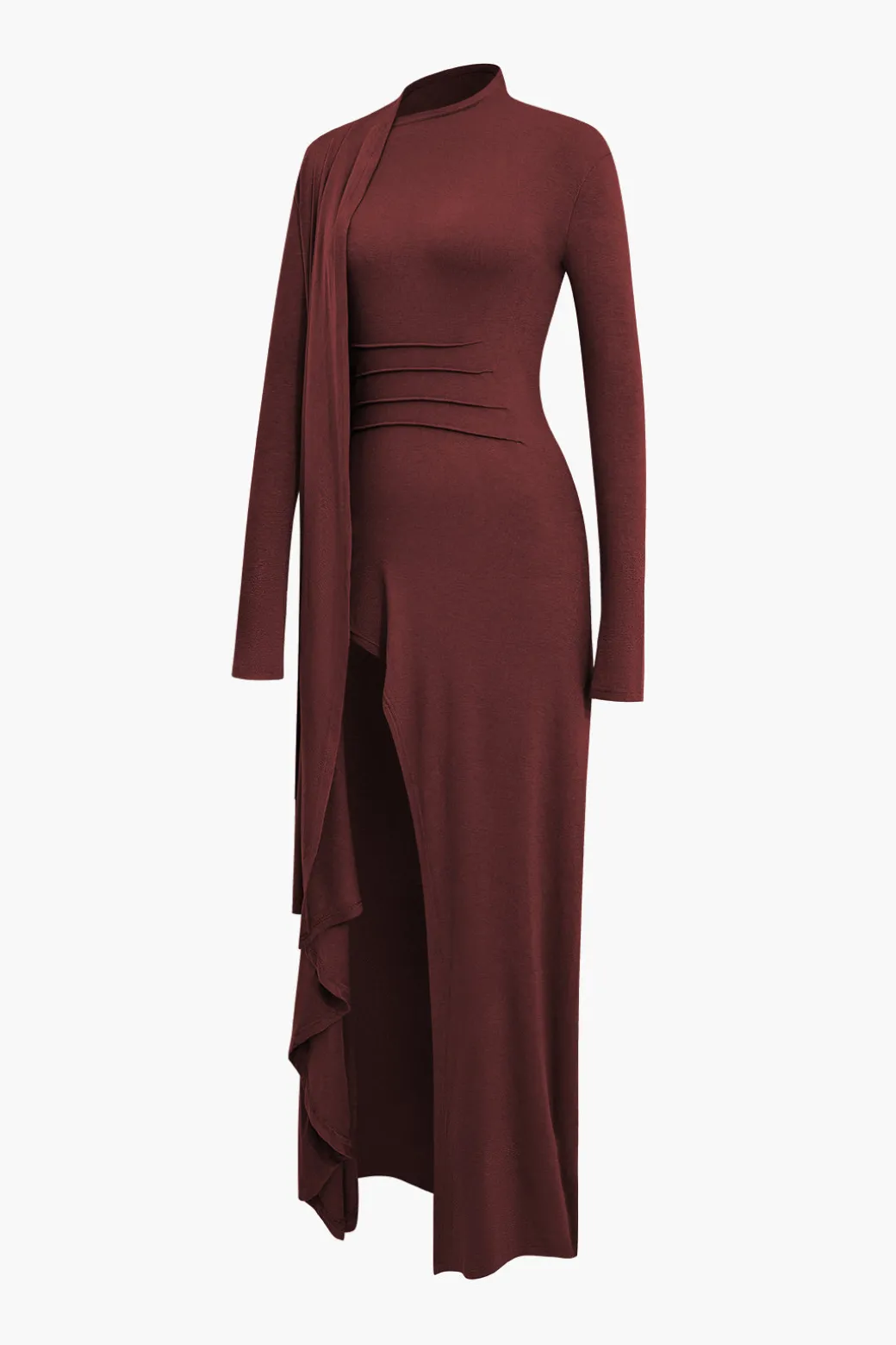 Mock Neck Wrap Ruched Long Sleeve Slit Maxi Dress